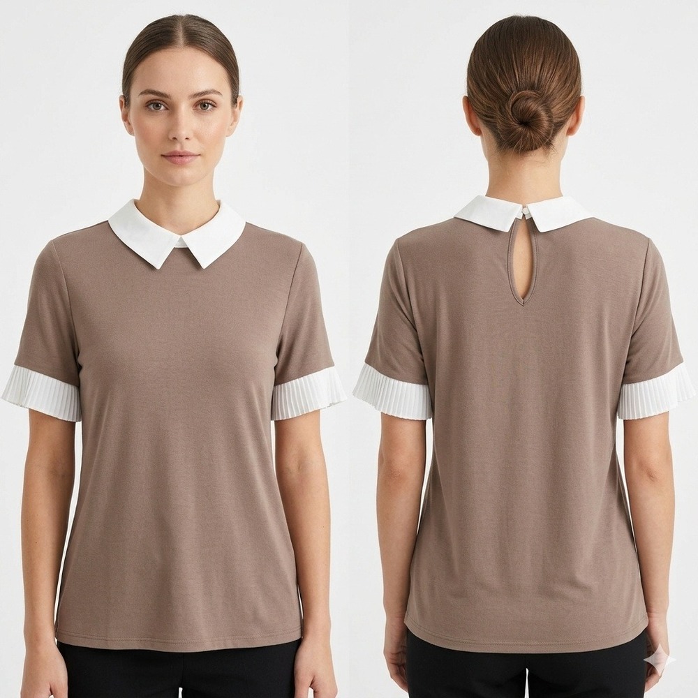 A.U.W. Blouse Womens M Taupe Brown Peter Pan Collar Pleated Cuff Short Sleeve